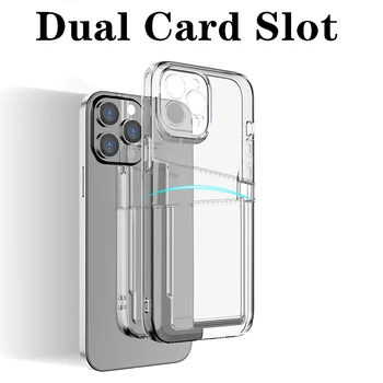 Rezistent la șocuri Dual Slot pentru Card Holder Telefon Caz Pentru iPhone 13 12 11 Pro Max XR X XS Max 7 8 Plus 14Pro Portofel Transparent Capac Moale 4