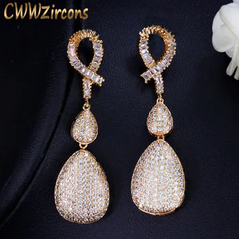 CWWZircons Calitate de Seara de Nunta placat cu Aur de Bijuterii Micro Pave Pietre Cubic Zirconia Lung Picătură Cercei de Aur pentru Femei CZ120