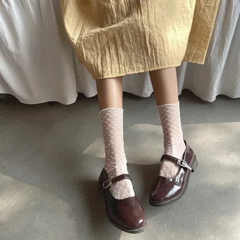 Sexy Lace Mesh Transparent pentru Femei Șosete de Vară Ultra-subțire Harajuku Retro Echipajului Sosete Solid de Culoare Alb, Negru, Cafea Șosete Lungi