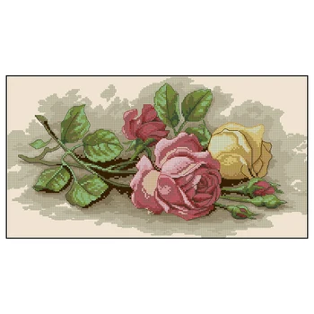Amishop Calitate De Top Frumos Minunat Numărat Goblen Kit De Trandafiri Roșu Și Galben De Flori De Trandafir Flori