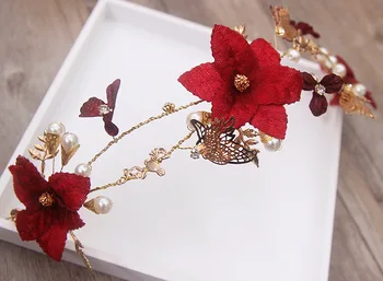 roșu închis floare fluture hairband mireasa tiara nuntă perla bentita de mireasa accesorii de par gros 0