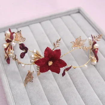 roșu închis floare fluture hairband mireasa tiara nuntă perla bentita de mireasa accesorii de par gros 1