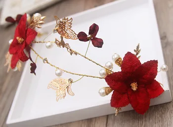 roșu închis floare fluture hairband mireasa tiara nuntă perla bentita de mireasa accesorii de par gros 2
