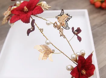 roșu închis floare fluture hairband mireasa tiara nuntă perla bentita de mireasa accesorii de par gros 4