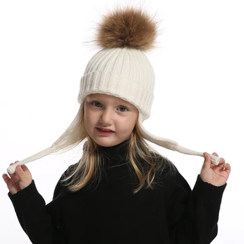 Copii Earflap Beanie Fată Băiat De Iarnă Lână Pălărie Real Pompom Blană Pălărie Cald Tricotate Copii Caciula Copii Pompon Căciuli Capac