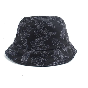 Noua Moda Harajuku Punk Negru Pescar Pălărie Panama Bob Casquette Dragon Print Găleată Pălării Pentru Femei, Bărbați Hip Hop Capac Gorro