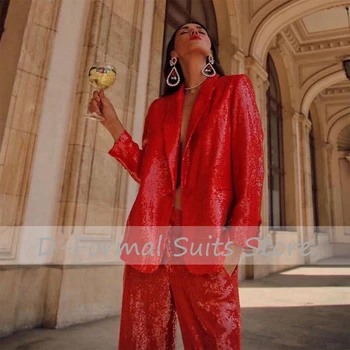 Elegant Petrecerea Red Sequin Costum Haina + pantalon Drept Set de Două Piese Temperament Moda de Lux pentru Femei Sacou se Potriveste