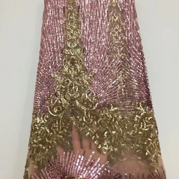 De înaltă calitate, două culori brodate paiete tulle dantela tesatura de moda din Africa franceză dantela tesatura pentru rochie de petrecere 5yards FLD015