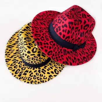 Leopard-print fedora pălărie cu două culoare curea accesorii Panama pălărie de fetru doamnelor pălărie jazz biserica pălărie bărbați шляпа женская