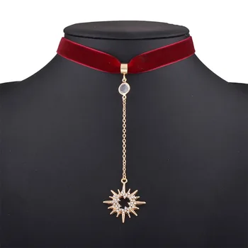 cald rece mai Nou moda bijuterii accesorii de culoare de aur soarele și luna în formă de pendant Colier de catifea pentru cuplu de îndrăgostiți N493 1