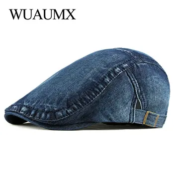 Wuaumx Simplu Spălate Denim Berete Pălărie Bărbați Femei Primavara-Vara A Atins Capac Plat Artist Duckbill Palarie Casual Spic Capac De Vânzător De Ziare