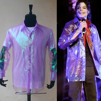 Rare PUNK Rock Casual Clasic MJ violet irizat sclipire organza butonul de față Acest lucru este cămașa lui Michael Jackson Costum