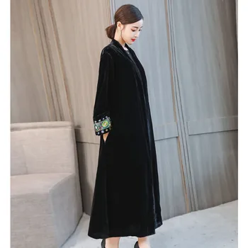 Velur Negru, Lung Trenci Elegant, Moda Vintage Casual Catifea Îmbrăcăminte De Primăvară Broderie Canadiană W1113 3