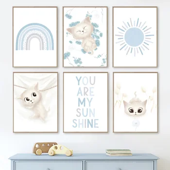 Cer Albastru Kawaii Pisici Soare Curcubeu Citat De Arta De Perete Panza Pictura Nordică Postere Si Printuri Poze De Perete Pentru Camera Copiilor Decor