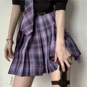 Femei Violet-Negru Plisată Fusta Carouri Vară Talie Mare Harajuku Studenți Japonezi Haine Drăguț Sexy Fuste Mini Cosplay