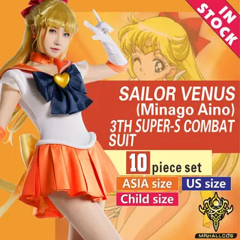 MRHALLCOS Cosplay Anime Sailor Moon Venus Minako Aino Super Cristal Rochie de Costume Costum Petrecere de Halloween, Copil Adult Femei Plus