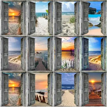 CHENISTORY Vopsea De Numărul Ușa Peisaj Kituri de Decor Acasă Imagini de Plaja de Nisip Set Soare Marin Handpainted Art Cadou