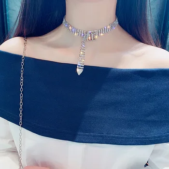 Moda coreeană Cravată Coliere pentru femei scurte Complet Stras Cravată Clavicula Lanț Cristal Gât bijuterii Cadou pentru Petrecere