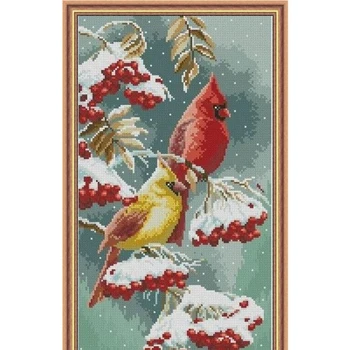 Amishop Minunat Numărat goblen Kit de Zăpadă Cardinali Scarlet Păsări În Copac Papagal de Iarnă fructe de Padure Rosii PN-0165887