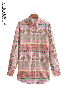 KLKXMYT Femei Tricouri 2023 Traf Noua Moda din Satin Imprimat Tricou Vintage cu Maneci Lungi Buton-up Feminin Bluze Blusas Topuri Chic