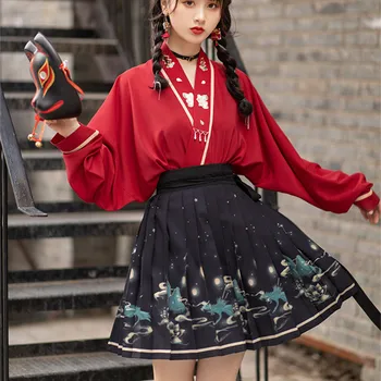 2 Bucati De Seturi Kimono Femeie Black Red Broderie Fuste Vintage Asiatice Îmbrăcăminte Yukata Haori Cosplay Petrecere Japonezi Rochie
