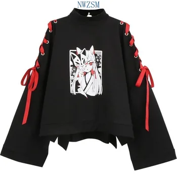 Vara de îmbrăcăminte pentru Femei Anime fox tipărite cruce panglica Femei Lolita Fetele harajuku primăvară Top Negru fusta hanorace