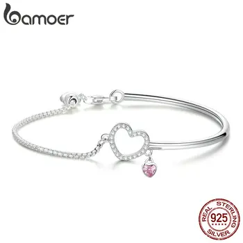 BAMOER Romantic Nou 100% Argint 925 Inima Roz CZ de Link-ul Lanț Brățări Brățări pentru Femei Bijuterii de Argint Sterlină SCB117