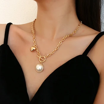 Flashbuy Rotund Simplu Colier de Perle pentru Femei Creative de Culoare de Aur Clavicula Lanț OT Cataramă Moda Bijuterii