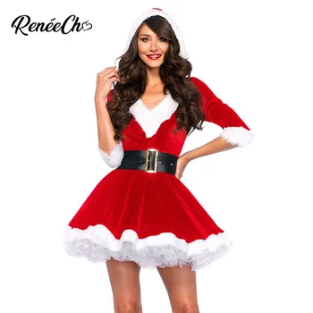 Reneecho Sexy Rochie De Crăciun Femei Costum De Crăciun Pentru Adulți Doamna Moș Crăciun Roșu Rochii De Catifea Capota Vacanță De Sex Feminin Cosplay