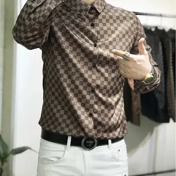 Bărbați toamnă lungă maneca cămașă de lumină de lux de mari dimensiuni moda coreeană imprimate tricou casual barbati frumosi carouri cardigan tricou