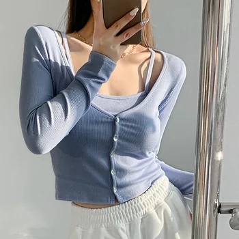Stil coreean Fals 2 bucati Pieptul de Lungă cu mâneci Cardigan Femei 2022 Filetate Elastic Strans-montaj Adânc V-gât Design T-shirt