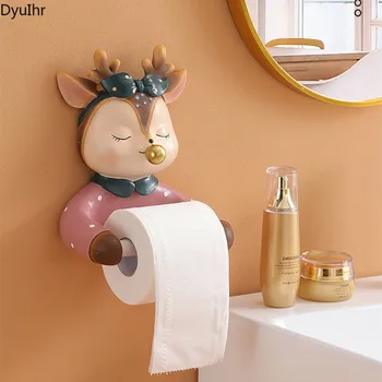 DyuIhr creator de desene animate drăguț cerb rășină rola de tub de hârtie igienică cutie de tesut montat pe perete raft liber pumn de accesorii pentru baie