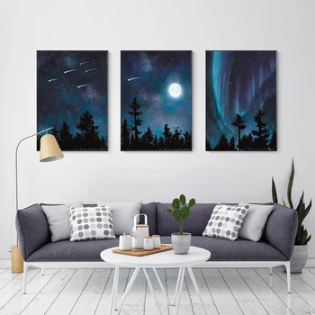 Aurora Borealis Canvas Postere Stele Căzătoare Cerul De Noapte Luna Copaci Pictura Imagini Wall Art Print Nordic Bedoom Decor Acasă