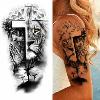 1 buc Animal Leu Femei Impermeabil Tatuaje Temporare False Autocolante Brațul Soare Artă Cruce Neagră Isus 3D Roagă Decor de Moda