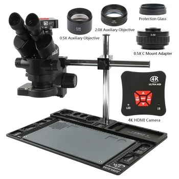 3.5 X-90X Zoom Simul Focal Microscop Stereo Trinocular + Multifuncțional din Aliaj de Aluminiu Sta + 38MP 1080P, 4K UHD HDMI Camera