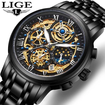 LIGE Mens Watch de Brand de Top Sport de Lux Ceasuri Cuarț Bărbați din Oțel rezistent la apă, Cronograf Negru Ceas de mana Barbati Relogio Masculino