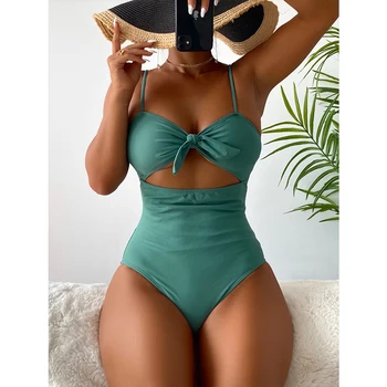 Verde Cut-out Nod Cravata-O singură Bucată de costume de Baie Tummy Control Costum de baie pentru Femei Monokini Bikini Costume de baie Costum de Baie 2022