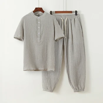 Vara Barbati Matase de Gheață T-shirt Plus Pantaloni Două piese în stil Chinezesc de Culoare Solidă Întinde de Yoga pe Plajă Nouă-punct de Pantaloni de Costum