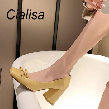Cialisa Moda Pentru Femei Pantofi Noi Toamna Deget De La Picior Pătrat De Fluture Nod Din Piele Tocuri Încălțăminte De Mari Dimensiuni 43 Pompe Galben