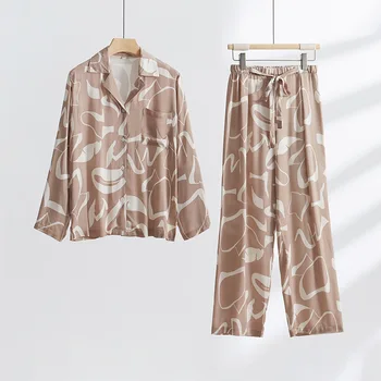 Primavara mai Nou Moda Casual Lămpilor de Culoare Maro Imprimate Pijamas pentru Femei cu Mâneci Lungi, Pantaloni Homewear de Dormit, Pijamale Costum