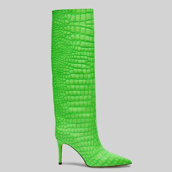 Gnazhee 2022 Femei Brand Nou Aluneca Pe Verde Subliniat Toe Tocuri Subtiri de Mare Petrecere Sexy femei Moderne Genunchi Ridicat Cizme Pantofi