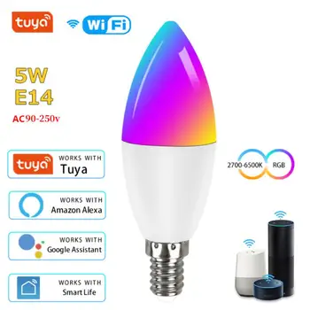 E14 TUYA WiFi Inteligent LED Lampă Bec Candelabre RGBCW 90-250V Estompat Becuri 220V, Alexa Start Google Yandex Alice de Viață Inteligentă
