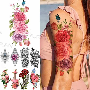 Mare De Flori De Trandafir Colorat Temporare Tatuaje Pentru Fete, Femei Ancora Fals Pandantiv Gemstone Tatuaj Lipi Brațul De Corp Tatuaje Creative 0