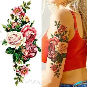 Mare De Flori De Trandafir Colorat Temporare Tatuaje Pentru Fete, Femei Ancora Fals Pandantiv Gemstone Tatuaj Lipi Brațul De Corp Tatuaje Creative 3