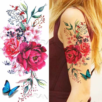 Mare De Flori De Trandafir Colorat Temporare Tatuaje Pentru Fete, Femei Ancora Fals Pandantiv Gemstone Tatuaj Lipi Brațul De Corp Tatuaje Creative 4