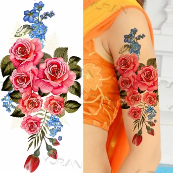 Mare De Flori De Trandafir Colorat Temporare Tatuaje Pentru Fete, Femei Ancora Fals Pandantiv Gemstone Tatuaj Lipi Brațul De Corp Tatuaje Creative 5