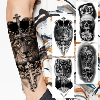 Leu Coroana Cruce Tatuaje Temporare Pentru Barbati Femei Realiste de Groaza Tigru Pădure Vampir Autocolant Tatuaj Fals Antebrat Corp Tatuaje 3D