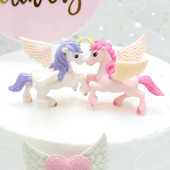 Unicorn Tort Fân Miniatură Pegasus Curcubeu Figura Fata De Femeie, Aripi De Înger Ziua De Naștere Tort De Nunta De Decorare