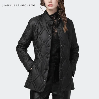 Ușor În Jos Jacheta Femei 2021 Noi De Iarna Cald Carouri Alb Rață Jos Puffer Strat Subțire La Modă Scurt Haina Neagra De Bumbac
