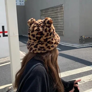 Iarna Moda Leopard De Imprimare Drăguț Urs Ureche Găleată Pălărie Femei Cald Gros De Blană Faux Blana Pescar Pălăria În Aer Liber Pălărie Panama